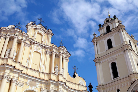 Perspective view of St John's Church in Vilnius University, Vilnius, Lithuania on blue sky backgroundの写真素材