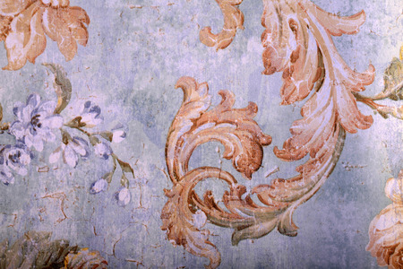 Detail of vintage shabby chic wallpaper with floral victorian pattern and craquelureの写真素材
