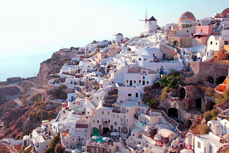 Sunset view with Oia village, Santorini island, Greeceの写真素材