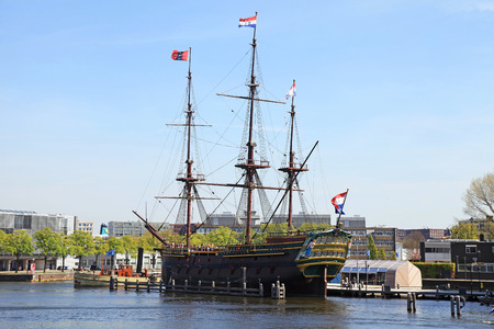 AMSTERDAM, NETHERLANDS - MAY 6, 2016: The Dutch sailing cargo ship of 17 century near Maritime museum, Amsterdam, Netherlandsのeditorial素材