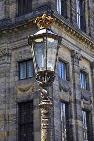 Close up of Antique Lamp Post near Royal Palace at the Dam Square in Amsterdam, Netherlands. Selective focusのeditorial素材