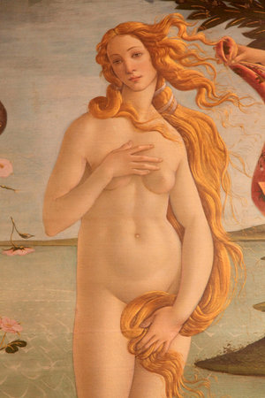 FLORENCE, ITALY - JANUARY 10, 2016: Photo fragment of painting The Birth of Venus by Botticelli, The Uffizi gallery, Florence, Italy. Photography in the Uffizi museum is free.のeditorial素材