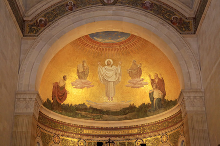 The scene of the biblical event of transfiguration of Jesus Christ - fresco in the Church of the Transfiguration, Mount Tabor, Galilee, Israel.のeditorial素材