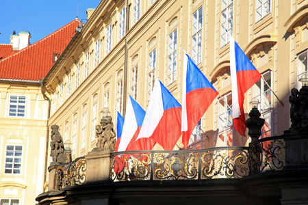 Flags of the Czech Republic on balcony of the old royal palace in Prague. Selective focusのeditorial素材