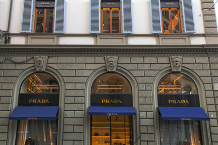FLORENCE, ITALY - JANUARY 10, 2016: Prada store windows on building exterior at the shopping street...