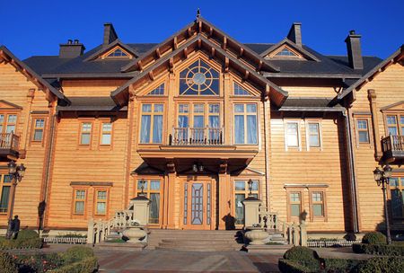 KYIV, UKRAINE - OCTOBER 29, 2015: Wooden Honka house in Mezhyhirya, former private residence of ex-president Viktor Yanukovich now open to public, Kyiv region, Ukraine.のeditorial素材