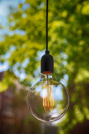 A classic Edison light bulb on green leaves background, selective focus