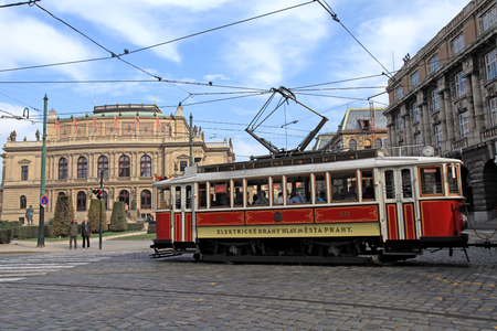 PRAGUE, CZECH REPUBLIC - OCTOBER 4, 2015: The vintage tram goes on old town in Prague, Czech Republic.のeditorial素材