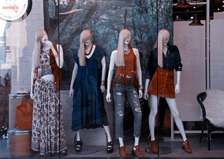 JERUSALEM, ISRAEL - AUGUST 26, 2015: Boutique display window with mannequins in fashionable dresses, Jerusalem, Israel.のeditorial素材