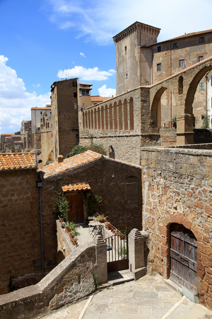 View of the ancient Italian city  Pitigliano on the tuff rock, Tuscany, Italyの写真素材