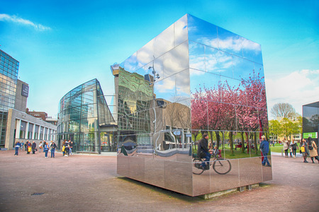 AMSTERDAM, NETHERLANDS - MAY 4, 2016: Cityscape with mirror cube near Van Gogh Museum, Amsterdam, Netherlands.のeditorial素材