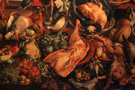 AMSTERDAM, NETHERLANDS - MAY 4, 2016: Medieval classical Dutch style still life painting with fruits and wildfowl, Amsterdam, Netherlands.のeditorial素材