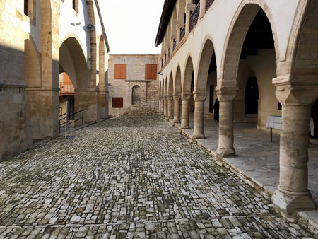 Yard in orthodox monastery of the Holy Cross, Omodos village, Cyprus. 
