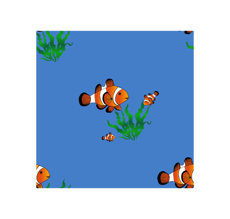 Seamless pattern. Marine Design pattern with algae and clownfish. Blue ocean background.のイラスト素材