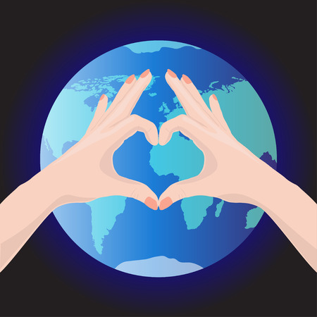 Heart Hand Gesture sign with Blue Planet Earth isolated on space background. Vector Illustration.のイラスト素材