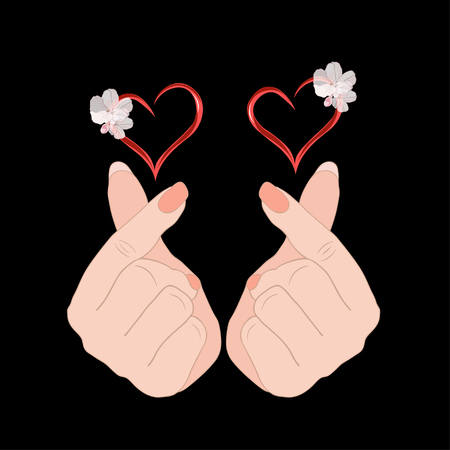 Heart Hand Sign Gesture isolated with hearts and Sakura Flowers. Valentine's Day Vector Illustration.のイラスト素材