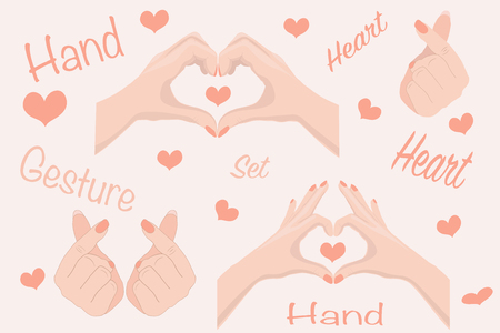 Valentine's Day Greeting card with heart hand gesture sign and red hearts on beige.のイラスト素材