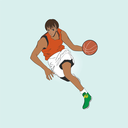 Basketball Player with ball isolated on blue.の写真素材