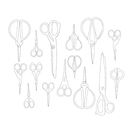 Various Scissors Set. Hand Drawn Vector Illustration.のイラスト素材