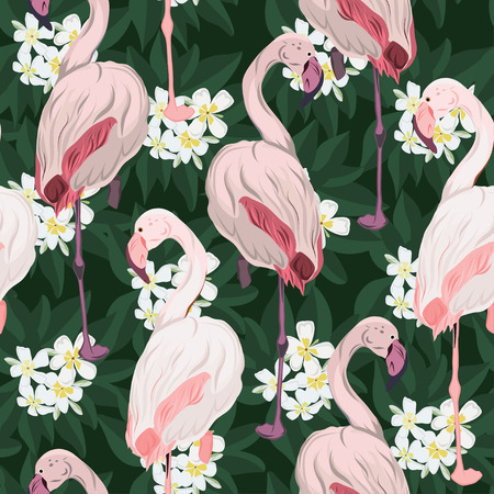 Exotic Seamless Pattern with Flamingoes and Frangipani Flowers.のイラスト素材