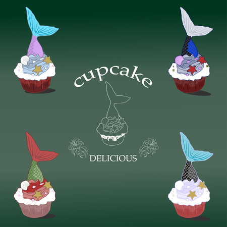 Cupcake with Fish Tail isolated on a green background.のイラスト素材