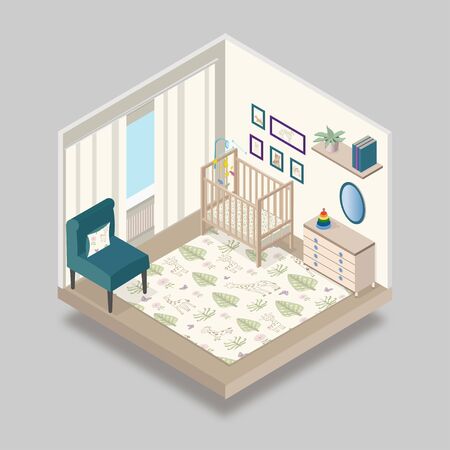 Children's Furniture Room with Baby Cot Simple Isometric Design Vector Illustration.のイラスト素材
