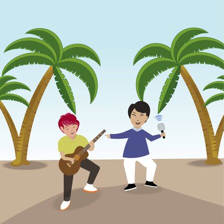 Singer with microphone singing karaoke song with guitarist on the beach. Hand drawn vector.のイラスト素材