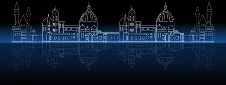 Architecture panorama Night City with reflection outline vector illustration. Simple negative city background.のイラスト素材