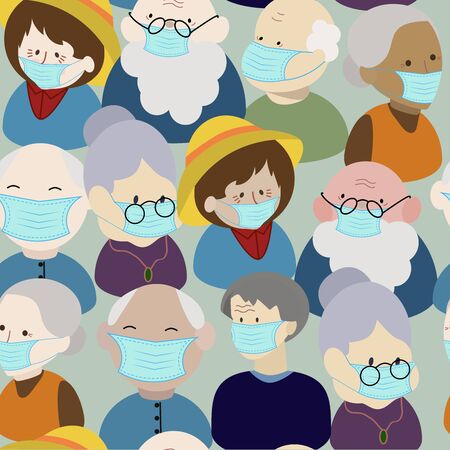Seamless pattern with oldest people in mask. Social distancing, protection from Covid-19. Safety distance concept vector illustration.のイラスト素材
