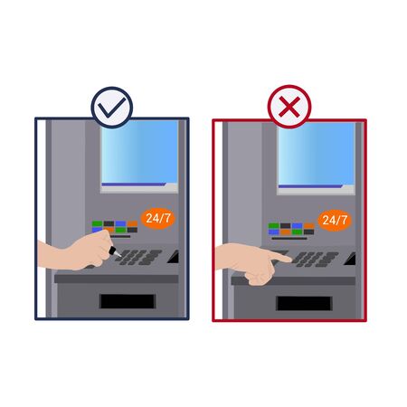 Caution Sign. Do not touch ATM keyboard with your finger, do it with your key. Prevention spread of Covid-19 virus. Vector Flat Design.のイラスト素材