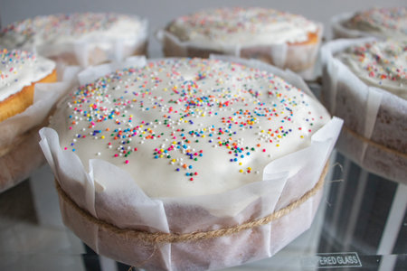 Traditional Easter Cakes. Traditional Kulich, Paska Easter Bread. Selective focus.