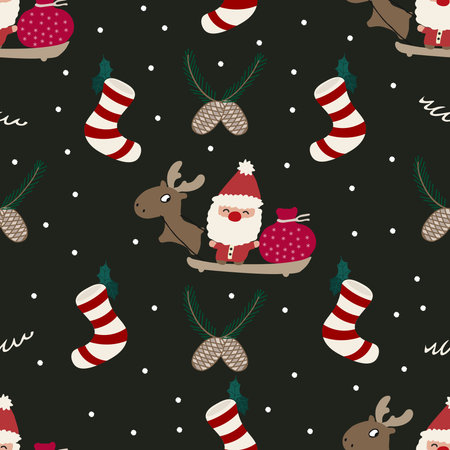 Christmas Seamless Vector pattern with Santa Claus, deer, snowflakes of Happy New Year and Christmas Day.Christmas backgrounds collection.のイラスト素材