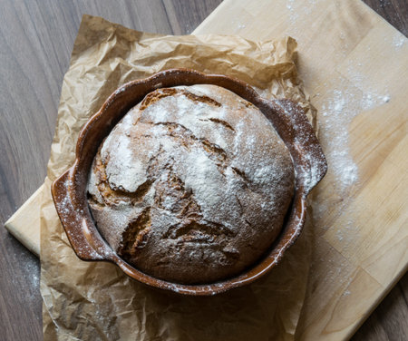 Excellent crunchy homemade bread baked in a baking dish