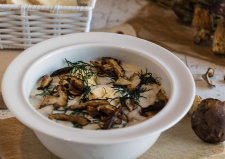 creamy soup of forest mushrooms, dill, eggs and cream - Kulajdaの写真素材