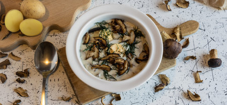creamy soup of forest mushrooms, dill, eggs and cream - Kulajdaの写真素材