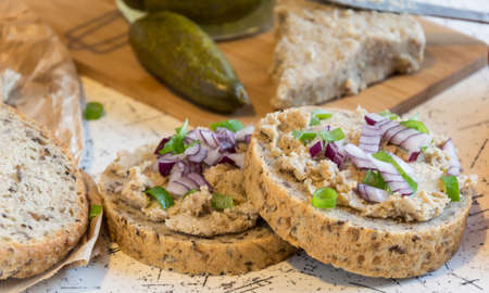 pork spread, lard and sour cucumbers on fresh round bread, sprinkled with spring and red onionの写真素材