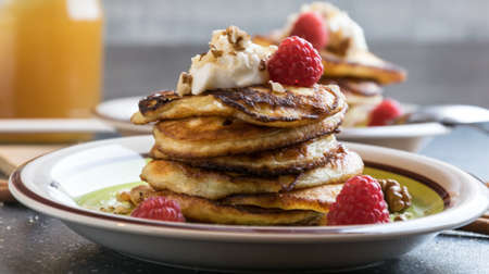 homemade pancakes with pieces of walnuts, honey and fruitの写真素材