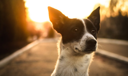 Restless dog in sunset with a beautiful silhouette, basenji portraitの写真素材