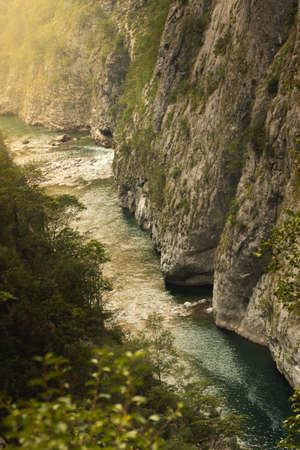 Beautiful mountains and canyons of Montenegro, the Balkan Peninsula in Europe, rocky mountains with green forests and the river that made the gorge, landscapes on your desktopの写真素材