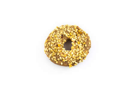 Series of photos of beautiful tasty multicolored donuts with glaze on white isolated backgroundの写真素材