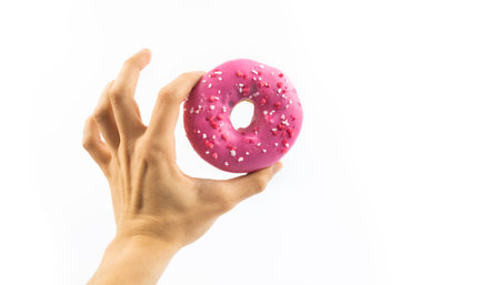 Series of photos of beautiful tasty multicolored donuts with glaze on white isolated background