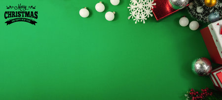 Christmas backgrounds with decorations on green, place for text and beautiful inscriptions, coziness...