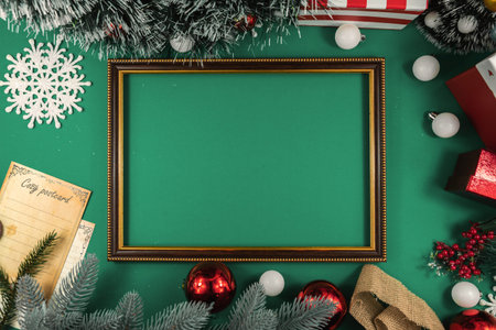 Christmas backgrounds with decorations on green, place for text and beautiful inscriptions, coziness...