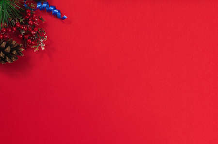 A series of very cozy New Year compositions and backgrounds on red, banners and wishes for a Happy New Year, decorations and gift boxes, postcardsの写真素材