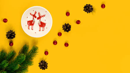 A series of beautiful conceptual photographs on a yellow and orange background for a christmas and new year etmu, pine cones, fir branches, top view, templates and banners with gifts and a notebookの写真素材