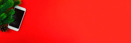 A series of photos on a red background, New Year's and Christmas compositions and not only, a lot of copy space and beautiful picturesの写真素材