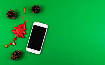 A series of photos on a green background, New Year's and Christmas compositions and not only, a lot of copy space and beautiful picturesの写真素材