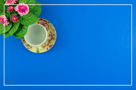 A series of photos on the theme of decorative flowers and backgrounds, flat design, patterns and top view, blue background, place for text, decorative service set, framesの写真素材