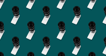 Seamless flat pattern, smartphone on tidewater green background, trendy minimal design photo