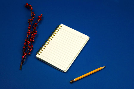 Conceptual workplace with notepad and pencil, branch and decorations on blue background, flat view,...